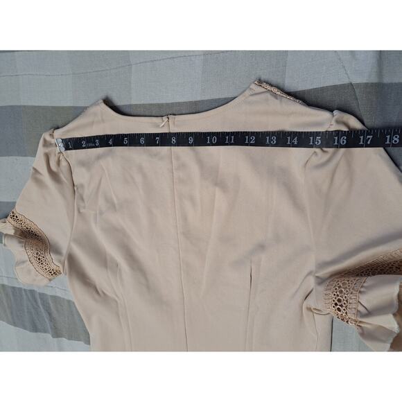 Women Dress Lace V Neck Ruffle Sleeve Casual Short Mini Dress Ligth Khaki Size M - Picture 8 of 14